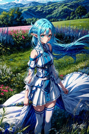 masterpiece, best quality, highres, bbasuna, long hair, blue hair, blue eyes, pointy ears, white dress, detached sleeves, blue thighhighs, , standing, sword, holding weapon, holding, outdoors, field,