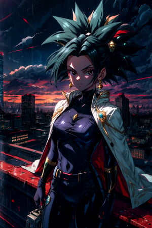 1girl, solo, masterpiece, best quality, Kefla, (black hair), black eyes, toned, green earrings, black bodysuit, hero costume, white cape, smug, looking at viewer, city, night, standing on edge of rooftop, urban