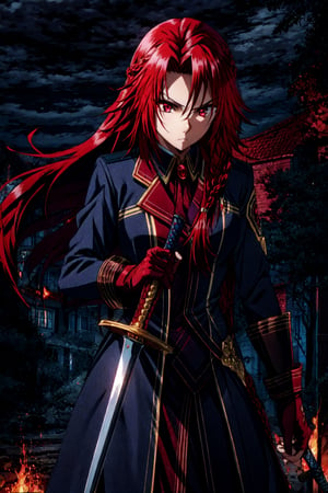 masterpiece, best quality, IrisMidgarV4, 1girl, solo, long hair, red eyes, braid, serious, red hair, holding, weapon, sword, holding weapon, night, standing in fire background,