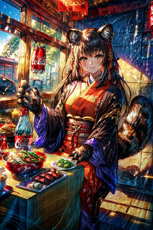 masterpiece,best quality,highres,cinematic lighting,dramatic angle,1girl,,animal hands,animal ears,black hair,brown eyes,japanese clothes,looking at viewer,smile,capelet,tail,head tilt,feast,food,table,sitting across table,pov,noodles,chinese restaurant,coca-cola