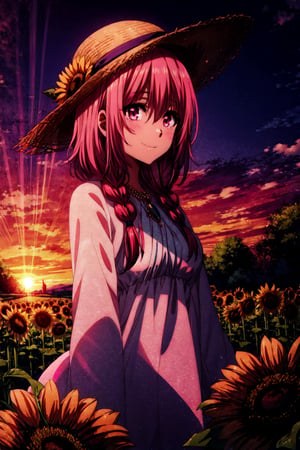 Sherry Barnett, pink hair, pink eyes, bangs, long hair, cold wind, white straw hat, white dress, long dress, summer dress, pleasure, sunflower, sunset, wave hill, breast bone, I am happy, necklace