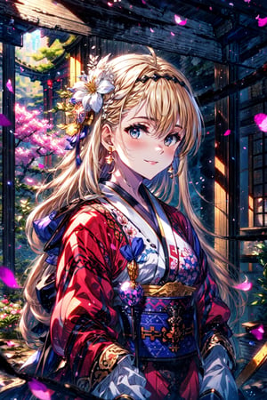 masterpiece,best quality,highres,cinematic lighting,dramatic angle,1girl,,blonde hair,blue eyes,hair ornament,furisode,costume8,cherry blossoms,looking at viewer,tilting head,blush,smile,long sleeves,ribbon,braid,flower,hairband,japanese clothes,kimono,sash,petals,obi,sunshine,torii,depth of field,bricks,jinja