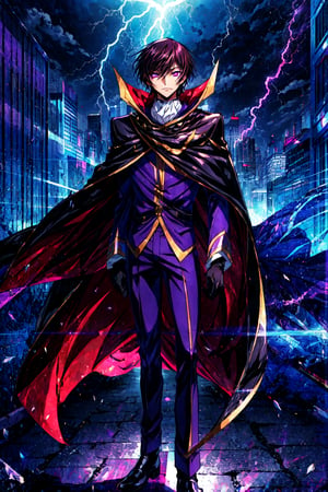 masterpiece, best quality,lelouch lamperouge,solo, holding mask, looking at viewer, standing, short hair, purple eyes, geassblack cape, black gloves, brown hair, cape, formal, gloves, high collar, long sleeves, mask, pants, purple footwear, purple pants, purple suit, suit,mksks style, professional lightning, spotlight, city,