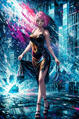 By Yves Di, a beautiful androgynous, satin slip dress, beautiful face, beautiful legs, light dark eyes, very happy face, full body, colorful colors, detailed background, Gotham, Batman, anne hathaway vibe, smooth criminal style, night time, penthouse ,high quality, 8K Ultra HD, 3D effect, A digital illustration of anime style, soft anime tones, Atmosphere like Gotham Animation, luminism, three dimensional effect, luminism, 3d render, octane render, Isometric, awesome full color, delicate and anime character expressions ,nobara kugisaki,haruno sakura