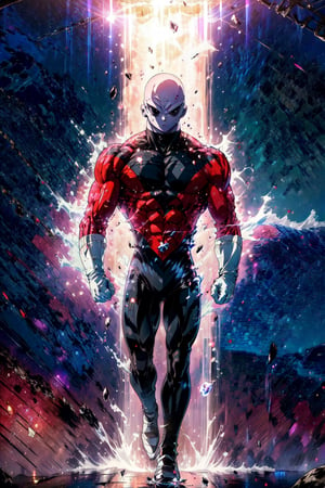 ((masterpiece, best quality)),(complex lighting),solo,1boy, full body, jiren,white gloves,black eyes,bodysuit,muscular,bald 