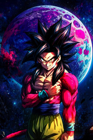 ((masterpiece,best quality)), , Super_Saiyan_4_Goku, 1boy, male focus, detailed handsome face, super saiyan, tail, wristband, pants, red fur, black hair, solo, smiling, looking at viewer, cowboy shot, cinematic composition, giant moon, starry sky,