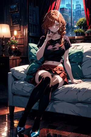 Flamme,1girl,bangs,solo,braided ponytail,single braid,brown hair,orange hair,very long hair,(sidelocks:0.9),red earrings,hair over one eye,green eyes,blue eyes,night,indoors,1girl,solo,thighhighs,brown hair,skirt,sitting,midriff,closed eyes,navel,bed,underwear,long hair,indoors,breasts,high heels,panties,couch,curtains,pillow,, Exquisite visuals, high-definition,masterpiece,best quality,Exquisite visuals,high-definition,masterpiece,best quality,18yo,Young female,Beautiful Fingers,Beautiful long legs,Beautiful body,Beautiful character design,