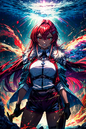 ((mushoku tensei Eris)) In a fantastical dungeon setting, a lone gyaru-adventurer stands tall, her striking red hair flowing down her back like a fiery waterfall. Her long, dyed inner hair cascades over her tan skin like a golden cloak. She confidently holds a sword at shoulder height, its blade reflecting the dim dungeon light. A black and red warrior outfit hugs her curves, with an open jacket showcasing her toned physique. Micro shorts and elbow-length gloves provide flexibility for battle. Shoulder-protected and loose-collared, she exudes confidence with a mischievous smile and sparkling teeth. Her fur-trimmed hair clip and chain necklace glint in the light as she readies herself for action, her tiger claws at the ready to take on any challenge that lies ahead.,eris_greyrat, long hair