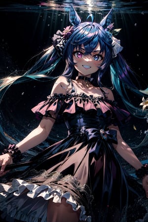 masterpiece, best quality, twin turbo \(umamusume\), official alternate costume, hair flower, hair ornament, black choker, off-shoulder dress, sleeveless dress, bare shoulders, scrunchie, wrist cuffs, black dress, smile, frilled dress, frills,