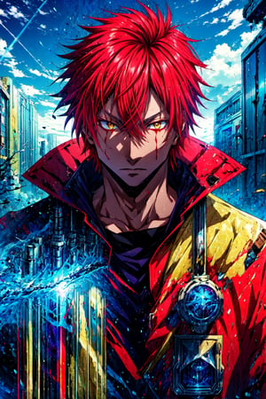 masterpiece, best quality, illustration, 1boy, solo, male focus, looking at viewer, , , , benimaru_tensei_shitara, red hair, yellow eyes, , science fiction apocalyptic and post-apocalyptic, 16k resolution