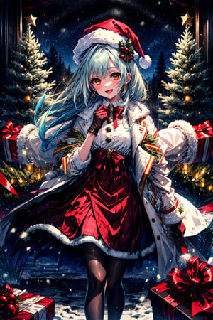 masterpiece,best quality,highres,cinematic lighting,dramatic angle,1girl,light blue hair,orange eyes,MiyakoChristmas,happy,,white and red dress,thick coat,fur trim,ribbons,bowtie,hat,pantyhose,gloves,holding gift box,christmas streetscape,christmas trees,stars,presenting gift box to viewer,:d,