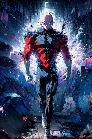 ((masterpiece, best quality)),(complex lighting),solo,1boy, full body, jiren,white gloves,bodysuit,muscular,bald , light particles, dust particles, walking,