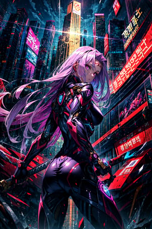 ((MedGorg)), gorgon \(fate\), slit pupils, looking at viewer, hair flowing over, a woman in a futuristic suit holding a sword, scenery art detailed, purple eyes, (art station), webtoon, cyborg merchant woman, appearing from the background, mascot illustration, chaotic revenge, in ruins, —ar 16:9, beautiful android woman, korean artist