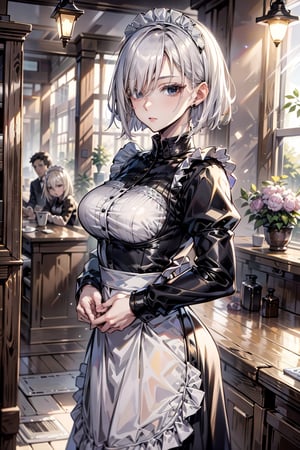 masterpiece, best quality, highres, fiona1, spy x family, hair_over_one_eye, solo, earring, breasts, , expressionless, cowboy shot, maid, maid headdress, own hands together, cafe,maid