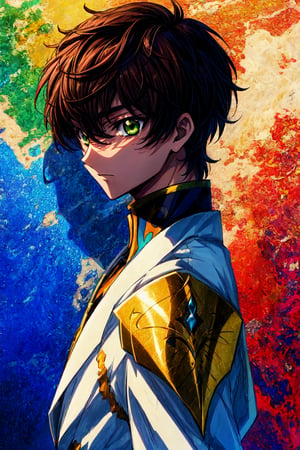 masterpiece, best quality, 1boy, solo, portrait, suzaku_R2, standing, expressionless, green eyes, brown hair, knight, from side,