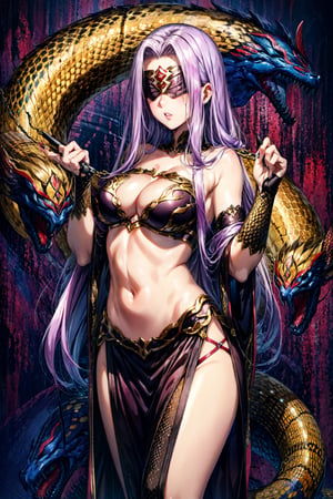 ,MedGorg, 1girl, solo, long hair, large breasts, navel, cleavage, bare shoulders, very long hair, purple hair, thighs, parted lips, lips, fingernails, parted bangs, clothing cutout, mask, cleavage cutout, monster girl, red background, claws, pelvic curtain, snake, blindfold, scales, hip vent, bustier, snake hair,CLOUD