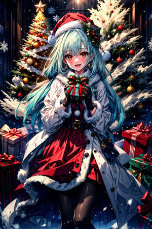 masterpiece,best quality,highres,cinematic lighting,dramatic angle,1girl,light blue hair,orange eyes,MiyakoChristmas,happy,,white and red dress,thick coat,fur trim,ribbons,bowtie,hat,pantyhose,gloves,holding gift box,christmas streetscape,christmas trees,stars,presenting gift box to viewer,:d,