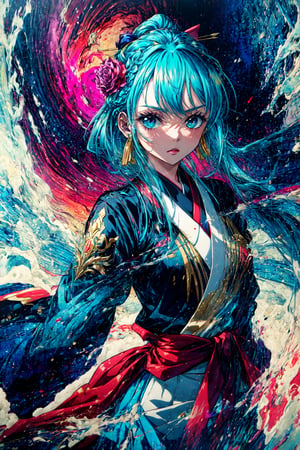 KozukiHiyori wearing naby blue kimino, with golden and red colour design on it, red sash, long sleves, in the style of poster art, dark white and light magenta, highly detailed illustrations, above torso, posing, serene faces, light teal and light red, smooth lines, comic art --ar --s-750,midjourney