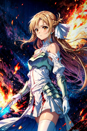 masterpiece, best quality, highres, ddasuna, long hair, brown hair, hair ribbon, brown eyes, bare shoulders, white armor, armored dress, detached sleeves, white gloves, white thighhighs, , walking, cowboy shot, explosion, fire,
