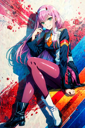 masterpiece, best qualityï¼ ,1girl, zero_two_\(darling_in_the_franxx\), long_hair, solo, pink_hair, lollipop, candy, pantyhose, horns, food, green_eyes, hairband, smile, white_hairband, black_pantyhose, crossed_legs, looking_at_viewer, boots, sitting, holding, uniform, holding_candy, white_footwear, necktie, bangs, holding_food, military_uniform, military, short_necktie, holding_lollipop, very_long_hair, invisible_chair, orange_necktie, long_sleeves, grin