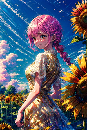 masterpiece, ((ultra detailed background, delicate pattern, intricate detail)), (highly detailed, fine details), best quality, beautiful lighting, (portrait), Rebecca, 1girl, solo, braid, pink hair, long hair, ((slim girl, medium breasts, cowboy shot)), smile, yellow dress, fluffy dress, brown eyes, complex detailed background, sunflowers, field, outside, nature environment, blue sky, sky, tree, from behind