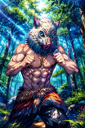 masterpiece, best quality, 1boy, inosukemask, mask, animal, cowboy shot, abs, action pose, forest background 