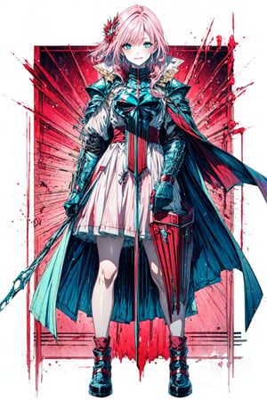 masterpiece, full body,standing,Smile, , pink hair,pale skin,vibrant blue eyes, wearing black and red armor,red cape,
