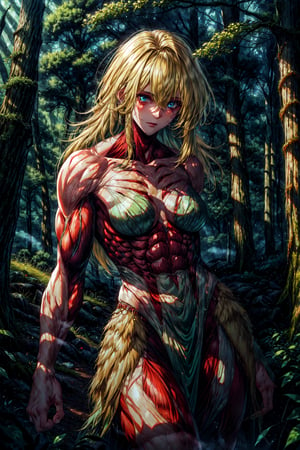 FemaleTitan, giant, in a forest, woods in the background, volumetric fog, skinned, visible muscle fiber, muscle fiber, blonde hair, blue eyes, green woods,
