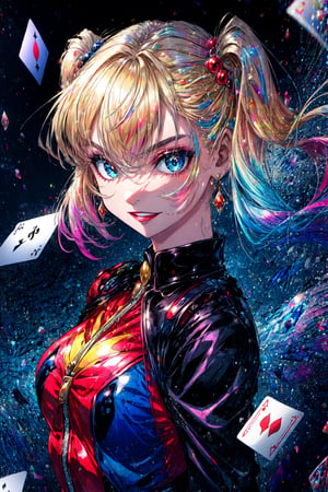 Prompt: character: Harley_Quinn, playful_expression, mischievous_glitter_in_her_eyes, BREAK, clothing: red_and_black_jester_outfit, colorful_harlequin_diamonds, BREAK, accessories: oversized_mallet, playing_card_props, BREAK, quality: vivacious, charismatic, unpredictable