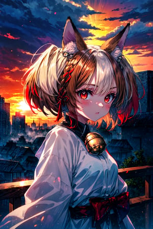 (Highest picture quality), (Master's work),(solo:1.2),backlighting,extremely delicate backgroud,white fog,animal ears ,1girl , fox ears ,bangs , red eyes , multicolored hair , twintails , animal ear fluff ,brown hair , hair ornament ,bell , dusk,sunset,building,cloudy sky,rim lighting, two tone lighting,acing viewer, 
