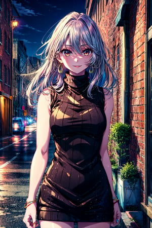 masterpiece, best quality, highres, aamiyako, long hair, jewelry, earrings, , sweater dress, virgin killer sweater, clothing cutout, turtleneck, sleeveless, night, street, cowboy shot, standing, smile, bare arms,