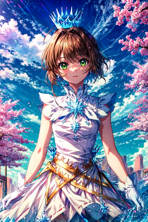 masterpiece, best quality, highres, kinomoto sakura, 1girl, brown hair, short hair, antenna hair, ahoge, crown, green eyes, white dress, sleeveless, white gloves,, cowboy shot, blue sky,