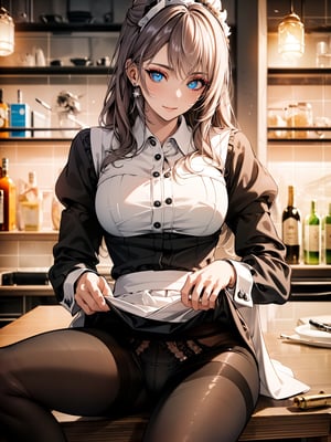 ((masterpiece, sidelighting, finely detailed beautiful eyes: 1.2)), ultra-detailed, ultra high res, professional lighting, high quality makeup, beautiful detailed eyes, sexy, beautiful, big eyes, , cowboy shot, maid suit, sitting, lift skirt to show underwear, black underwear, black pantyhose