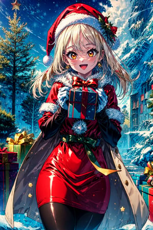 masterpiece,best quality,highres,cinematic lighting,dramatic angle,1girl,light ,orange eyes,Christmas,happy,white and red dress,thick coat,fur trim,ribbons,bowtie,hat,pantyhose,gloves,holding gift box,christmas streetscape,christmas trees,stars,presenting gift box to viewer,:d, (masterpiece, best quality, highres), 