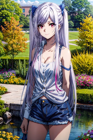 (masterpiece), high quality, highly detailed background, 1girl, nsfw, , ChopioAlexia, long hair, very long hair, white hair, sidelocks, swept bangs, red eyes, looking at viewer:1, twintails, two side up, hair bow, outdoors, garden, flowers, pond, water reflection, standing, seductive smile, medium breasts, cleavage, strap, bare shoulders, denim shorts, loose white shirt, arms behind back,