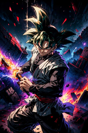 ((masterpiece, best quality)),(complex light),absurdres, highres, 1boy,solo,fighting stance, goku black,black hair,black eyes, green fire destroyed debris background,smirk, 