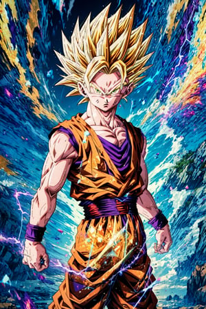 (ssj2), 1boy, yellow hair, green eyes,cowboy shot,yellow aura, electricity,naked purple dougi, purple pants, (blue wristband), red sash, sleeveless,v-neck,looking at viewer,(best quality, masterpiece),Ki Charge