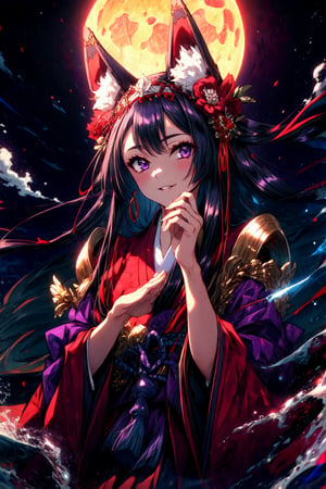 masterpiece,best quality,highres,cinematic lighting,dramatic angle,,1girl,animal ears,hair ornament,purple eyes,black hair,long hair,smile,parted lips,looking at viewer,japanese clothes,obi,wide sleeves,hand on own cheek,red topwear,purple skirt,portrait,from below,moon,close-up