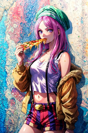 masterpiece, best quality, , bny1, 1girl, solo, purple eyes, pink hair, long hair, green headwear, vertical striped shorts, suspenders, white tank top, open jacket, belt, makeup, eating, holding pizza, midriff, outdoors, scenery