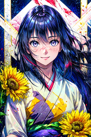 masterpiece, absurdres, 1girl, hinata\(shippuden\), solo, looking at viewer, slim, kimono, flower on shirt, smile, gray eyes,  