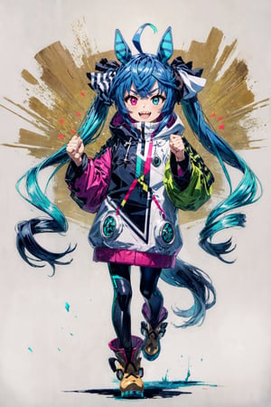 simple Background, Drop Shadow, Full Body, AATwin, Little Girl, Petite, Flat Chest, Heterochromia, @_@, V-Shaped Eyebrows, Smile, :d, Open Mouth, Sharp Teeth, Aqua Hair, Twintails, Crossed Bangs, Ahoge, Hair Ribbon, Hores Eares, Horse Tail, Hooded Coat, Hood Down, Layered Sleeves, Bodysuit, Stuffed Rabbit, Ankle Boots, Standing, Outstretched Arm, Arm, Up, Clenched Hands, Raised Fist, Looking At Viewer, Best Quality, Amazing Details, Brilliant Colorful Paintings 