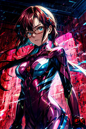 (masterpiece, best quality), 1girl,  makinami_mari_illustrious, glasses, plugsuit, bodysuit, red-framed eyewear, pink bodysuit