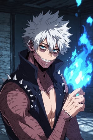 score_9, score_8_up, score_7_up, source_anime, rating_safe, intricate details, (3d:0.4), looking at viewer, depth of field, 1boy, solo, male focus, , dabi_bnha, white hair, blue eyes, short hair, spiked hair, hair between eyes, bangs, scar, burn scar, scar on face, piercing, stitches, messy hair, teeth, smile, blue fire, straight-on, cold, ice, indoors, light, arm at side, tearing up, , beanie,