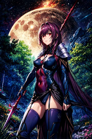 scathach, scathachBodysuit, masterpiece, best quality, absurdres, 1girl, standing, cowboy shot, looking at viewer, serious, forest, moon, night, spear, weapon, gae bolg,EpicSky,Circle