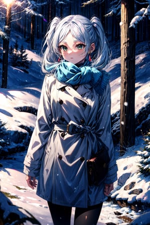 masterpiece, best quality, absurdres, perfect anatomy, FrierenWinter, twintails, earrings, blue scarf, white coat, black pantyhose, winter, outdoors, snow, cold, 