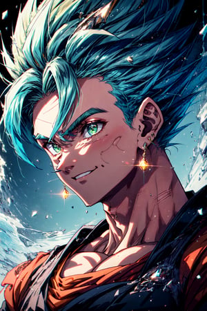 RAW photo, (high detailed skin, detailed eyes:1.1), intricate details, best quality, 8k uhd, soft lighting, Vegetto,  (male:1.2), , earrings, jewelry, white gloves, spiked hair, dougi, smile, blue hair, green eyes, super saiyan