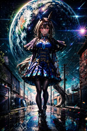 masterpiece, best quality, close up, face shot, upper body, look at viewer, starly sky, shuooting star, night, admire vega \(umamusume\), white necktie, skirt, long sleeves, white footwear, thigh strap, black pantyhose, boots, shirt, puffy sleeves, pleated skirt, buttons, corset, capelet, fingerless gloves, black gloves, mismatched footwear