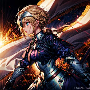 masterpiece, best quality,1girl, solo, long hair, blonde hair, jeanne d'arc (fate), ,(Upper_body),(Focus on her face),armor, blue eyes, weapon, sword, armored dress, gauntlets, headpiece, jeanne d'arc (third ascension) (fate), official art,extremely detailed CG unity 8k wallpaper, perfect lighting,Colorful, Bright_Front_face_Lighting,shiny skin, (masterpiece:1.0),(best_quality:1.0),