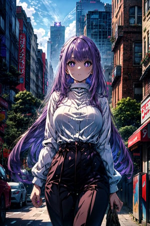 masterpiece, best quality, absurdres, perfect anatomy, 1girl, solo, FernFrieren, very long hair, purple eyes, (purple pupils), sweater, ribbed sweater, long sleeves, high-waist pants, outdoors, city, large breasts,