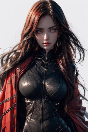 (detailed face and eyes:1.3),,oda_biig,large breasts,red eyes,black bodysuit,red hair,chain,collared cape,,white background,inkUltra-detail,(highres:1.1),best quality,(masterpiece:1.3),cinematic lighting,